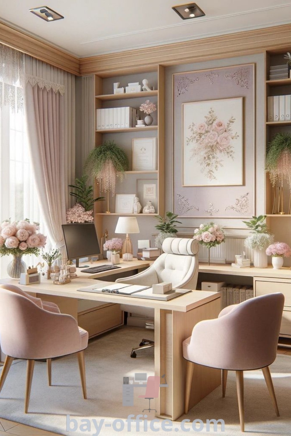 Feminine home office with soft muted pink decor, two chairs, and a stylish desk, showcasing inspiring decor ideas for small spaces and women’s office design. Discover chic home office and vanity room combos at bay-office.com.