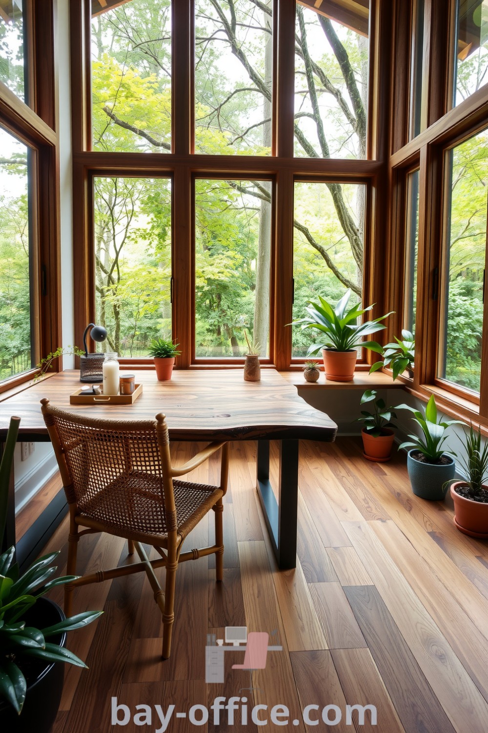 Home office with large windows in a forest setting, featuring a reclaimed wood desk, rattan chair, and potted plants, designed for inspiration and productivity. Discover cozy and dreamy ideas that make working from home enjoyable at bay-office.com.