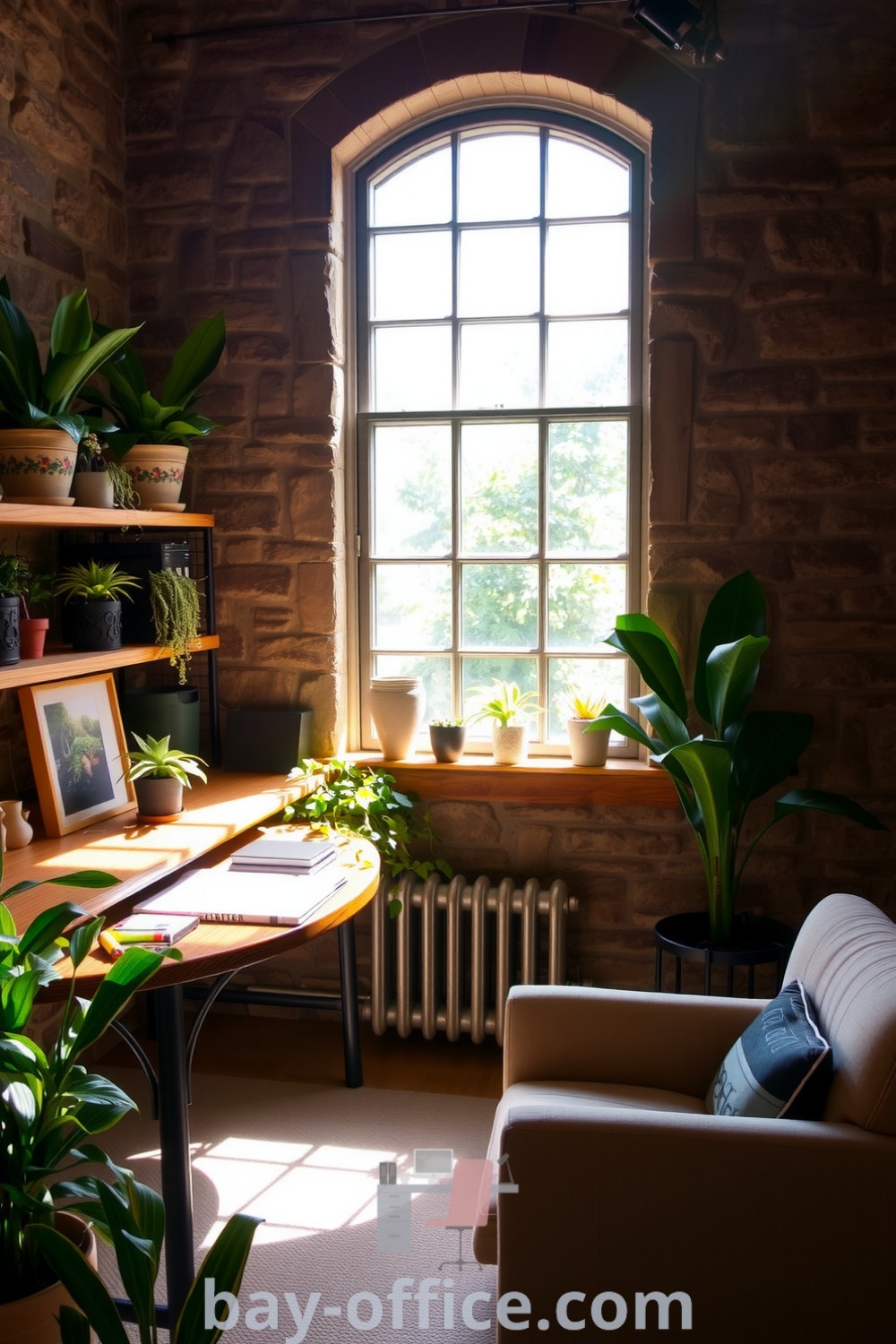 Nature-inspired home office featuring reclaimed wood furniture, lush indoor plants, and a cozy armchair, designed to inspire productivity and creativity. Perfect for a serene workspace that doubles as a cozy retreat. Discover more decor ideas at bay-office.com.