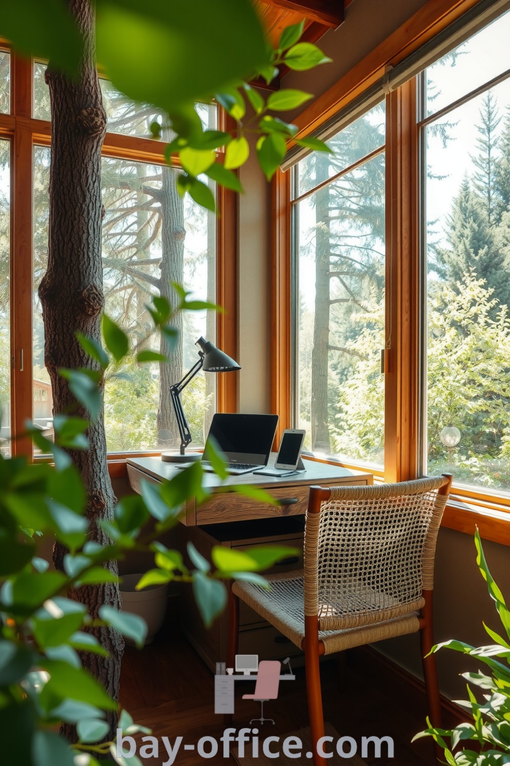 Nature-inspired home office with reclaimed wood desk, woven chair, and large windows surrounded by greenery, designed to inspire productivity and tranquility. Perfect for cozy aesthetics and exploring decor ideas for small spaces. Discover more at bay-office.com.