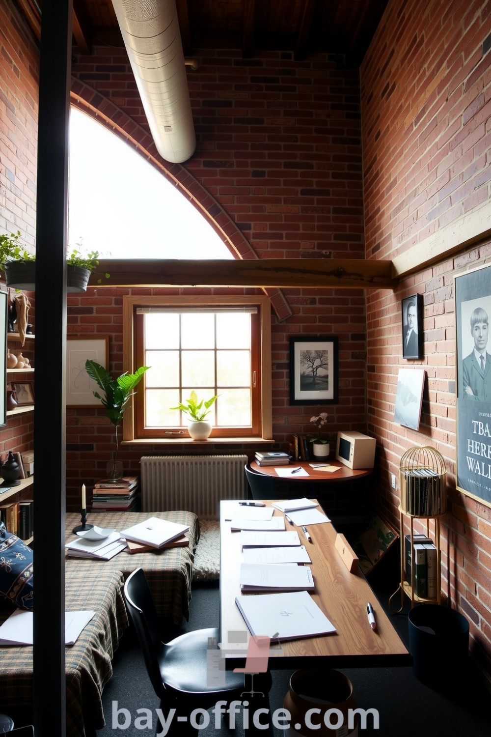 Loft home office featuring warm wooden beams, exposed brick walls, a sturdy wooden desk, and a comfortable chair, designed to inspire productivity and relaxation. Discover design tips and cozy aesthetics for your workspace at bay-office.com.