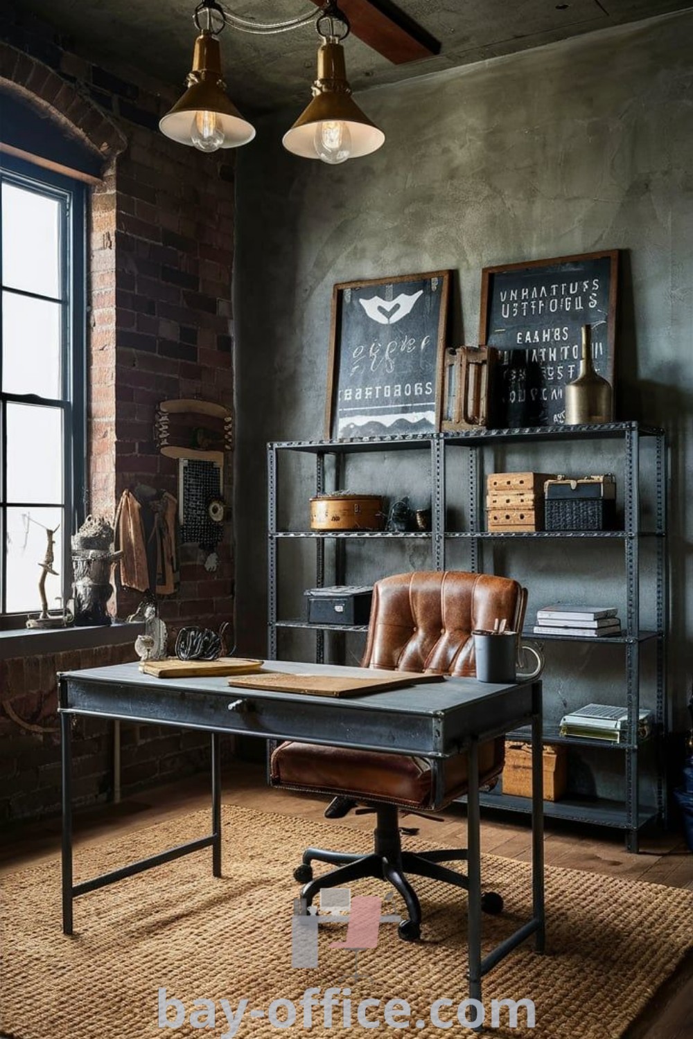 Small industrial office design featuring a desk, chair, and bookshelf in front of a window, showcasing dark industrial decor, exposed brick wall, and inspiring elements for productivity. Explore cozy decor ideas and design trends at bay-office.com.