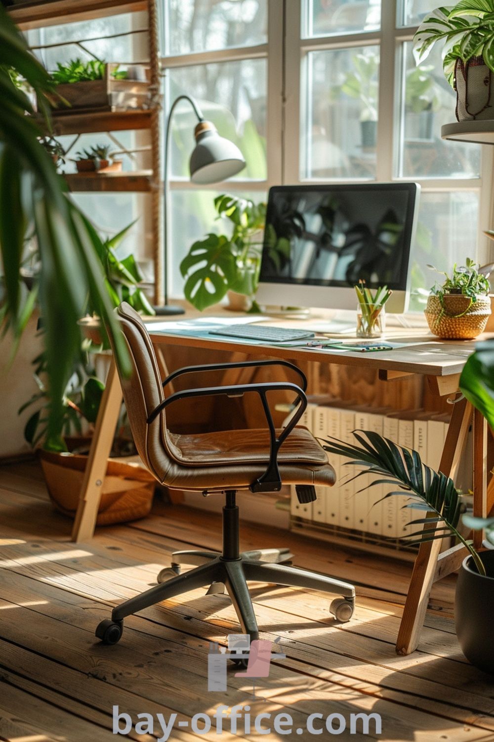 Cozy home office with plants and rustic modern industrial decor, providing biophilic design ideas for productivity and comfort. Explore inspiring decor ideas for small spaces and maximize your work-from-home experience at bay-office.com.
