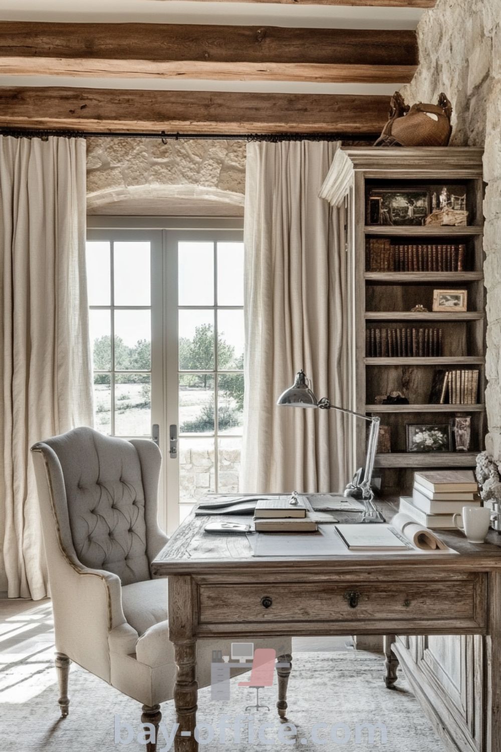 Elegant French country home office featuring rustic stone walls, wooden beams, vintage oak desk, and cozy reading nook, designed to inspire productivity and comfort. Discover decor ideas that will make you love working from home at bay-office.com.