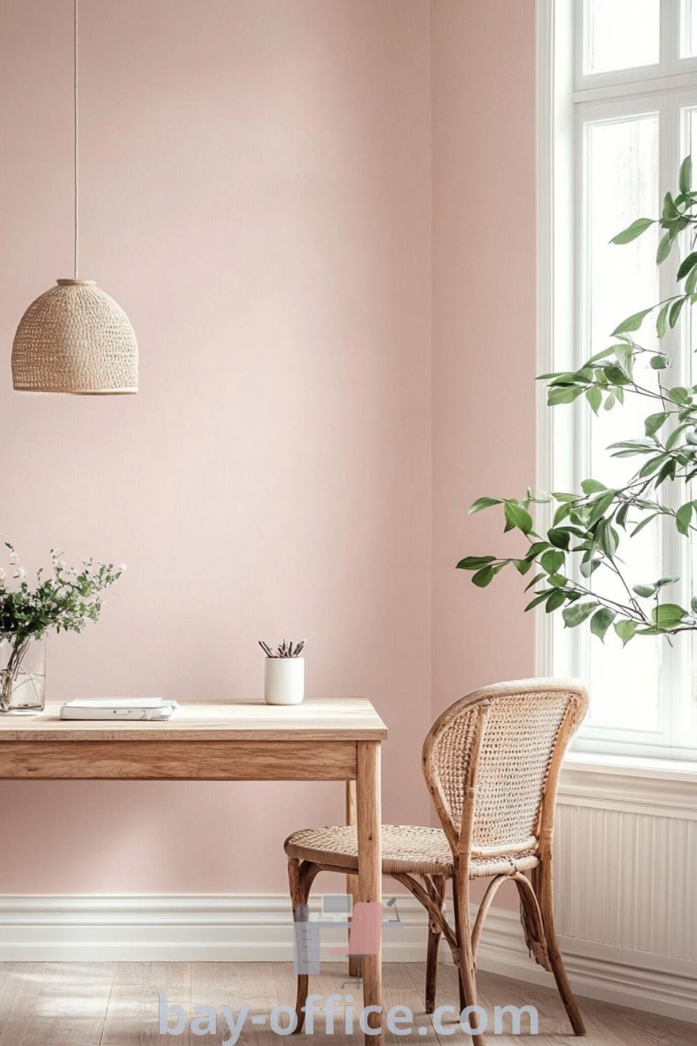 Scandinavian home office featuring soft pink walls, natural wood furniture, large windows, and plants, creating a cozy and inspiring workspace that enhances productivity. Discover more design ideas at bay-office.com.