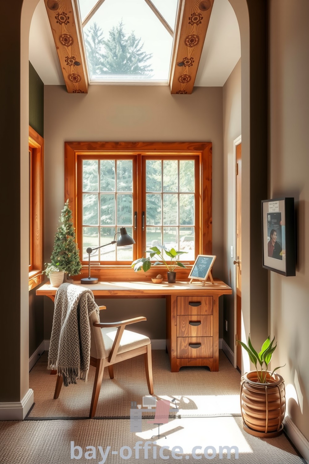Cozy nature-inspired home office featuring large windows, rustic wooden beams, a handcrafted reclaimed wood desk, a comfy armchair, and potted plants that enhance the inviting atmosphere. Perfect decor ideas for small spaces and inspiring productivity. Discover more at bay-office.com.