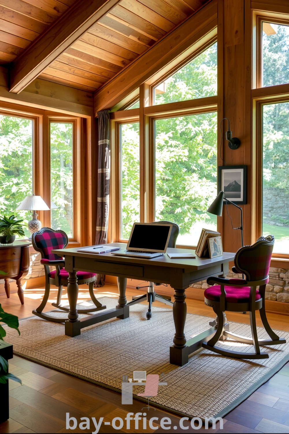 Nature-inspired home office featuring rustic wooden beams, large windows with greenery, a sturdy oak desk on a jute rug, and a stone accent wall, designed to inspire productivity and creativity. Explore more ideas at bay-office.com.