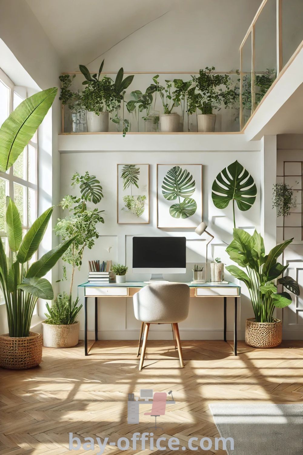 Biophilic home office with lush plants on the wall, showcasing a calming office aesthetic. Perfect for inspiring productivity and offering plant decor ideas for small spaces at bay-office.com.