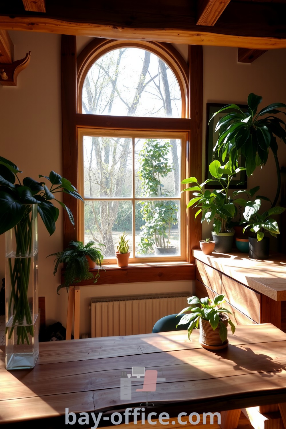 Nature-inspired home office with rustic wooden beams, earthy tones, and vibrant potted plants. A cozy and inviting space designed to enhance productivity and creativity, featuring a reclaimed wood desk. Discover inspiring design tips at bay-office.com.