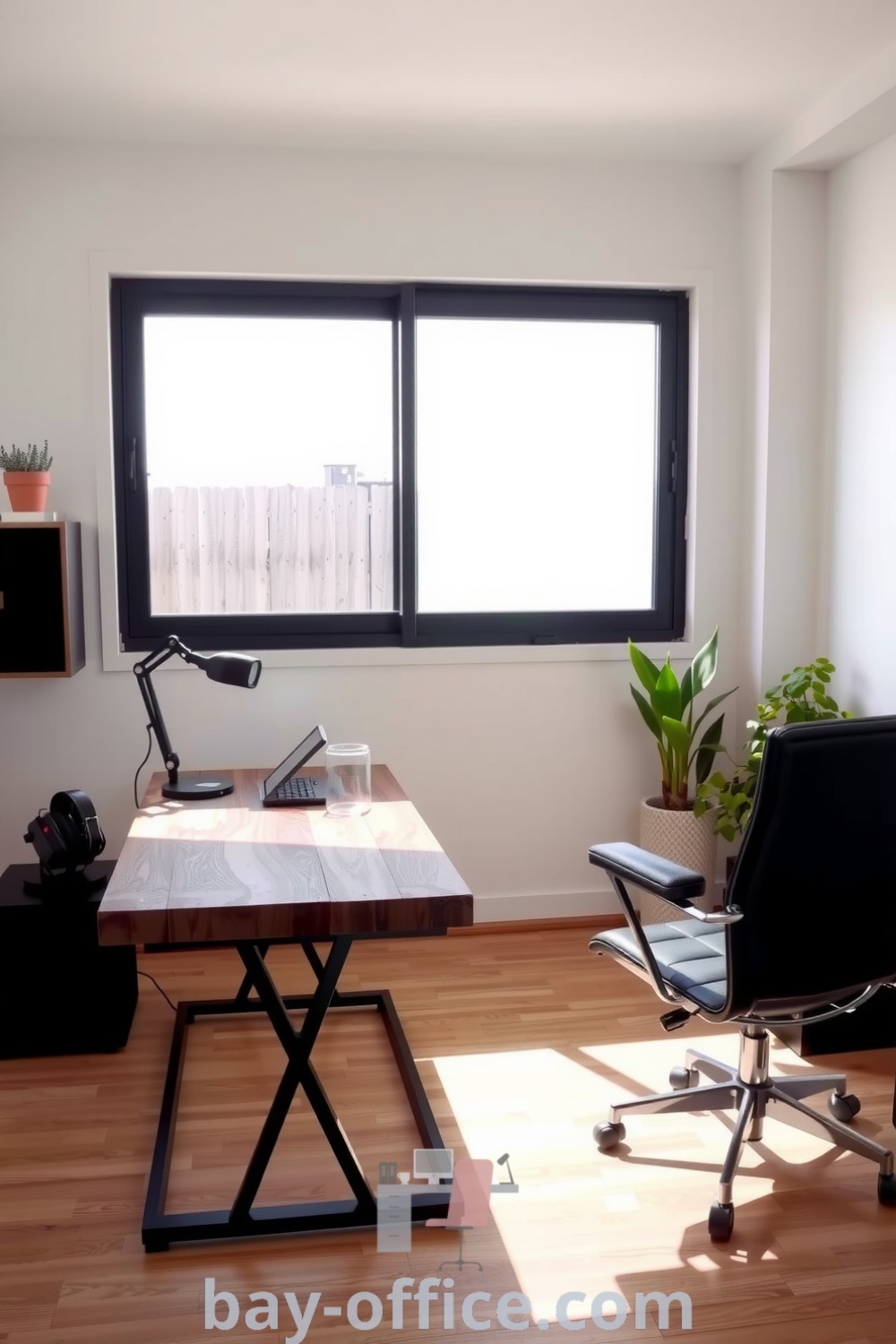 Minimalist home office featuring a reclaimed wood desk, black accents, and indoor plants, designed to inspire productivity and comfort. A perfect blend of style and functionality for working from home. Discover more cozy decor ideas at bay-office.com.