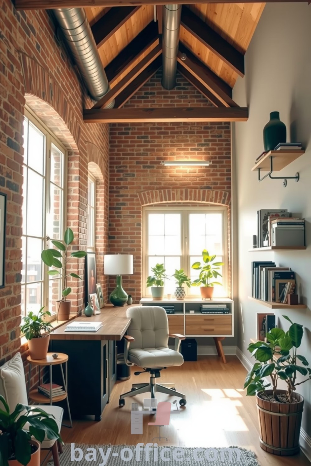 Rustic and modern loft home office featuring exposed brick walls, wooden beams, and plenty of plants, designed to inspire productivity and comfort, with personal decor details. Perfect blend of charm and functionality for any house or apartment. Explore more designs at bay-office.com.