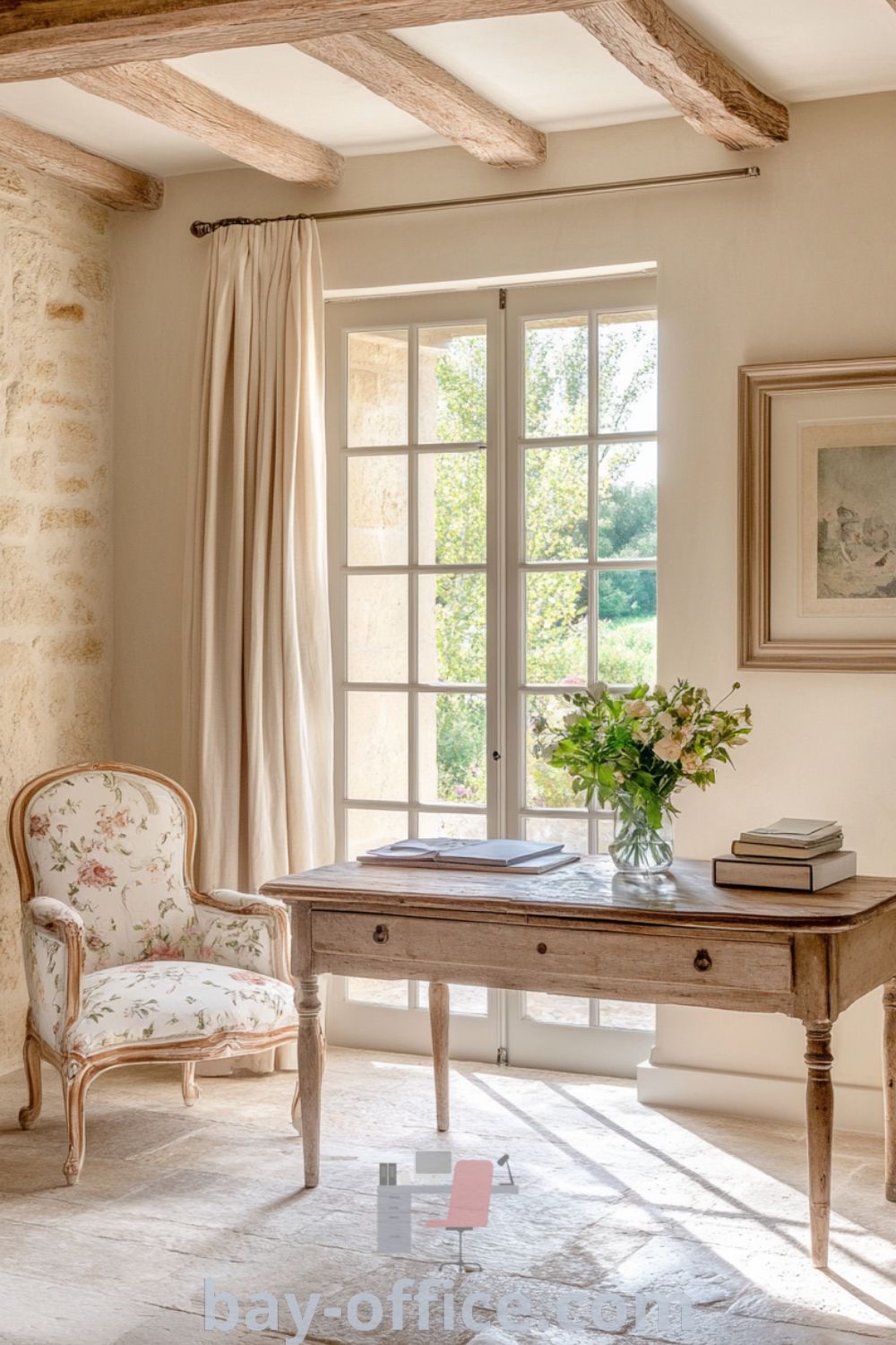Elegant French country home office featuring cream walls, rustic beams, weathered oak desk with vintage stationery, floral armchair, and natural light illuminating the stone floor. Ideal decor ideas for small spaces and inspiring productivity, find more design tips at bay-office.com.