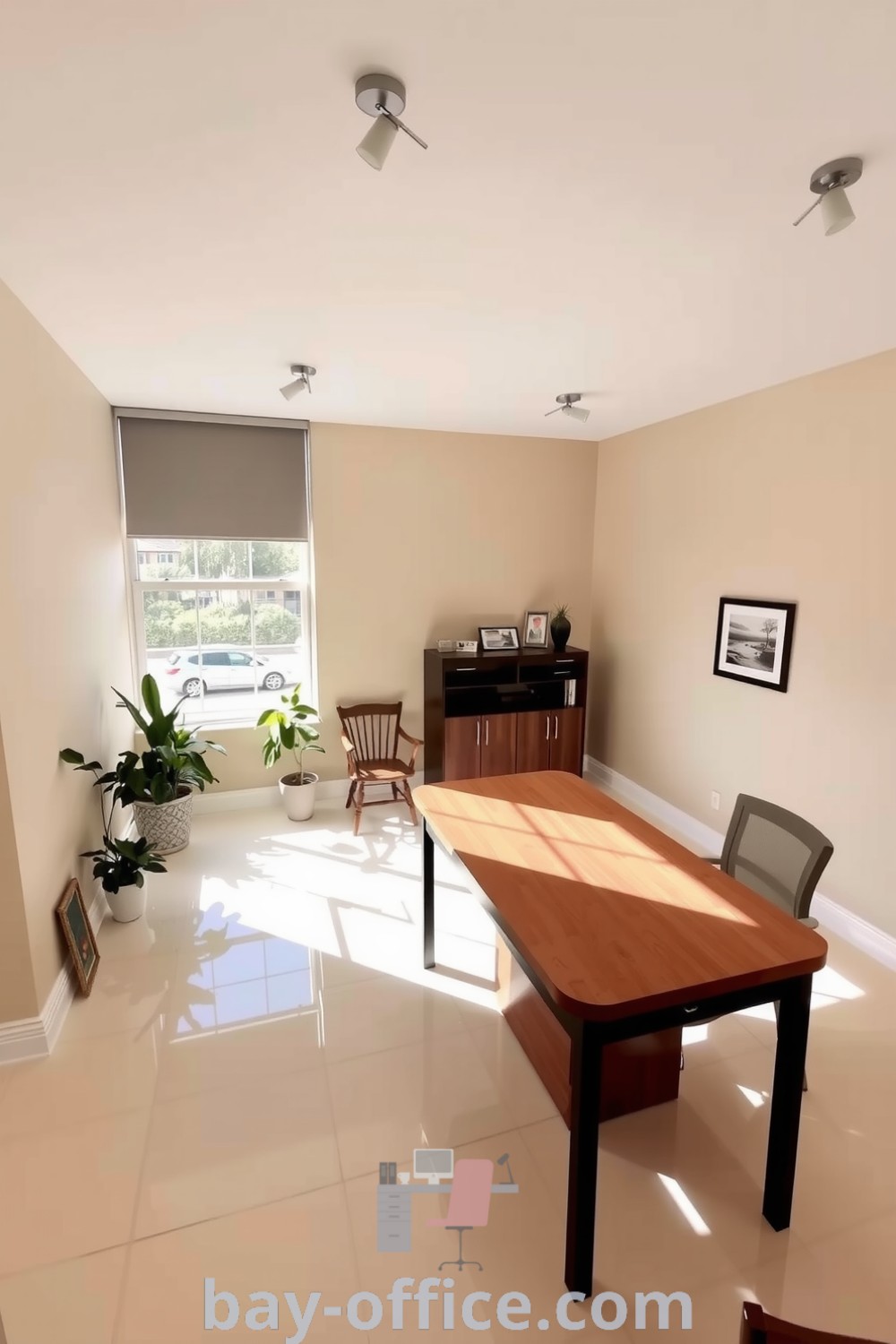 Minimalist corporate office featuring beige walls, a wooden desk by a large window, and sparse decor including potted plants and artwork, designed to create a serene atmosphere that fosters productivity and comfort. Explore more ideas at bay-office.com.