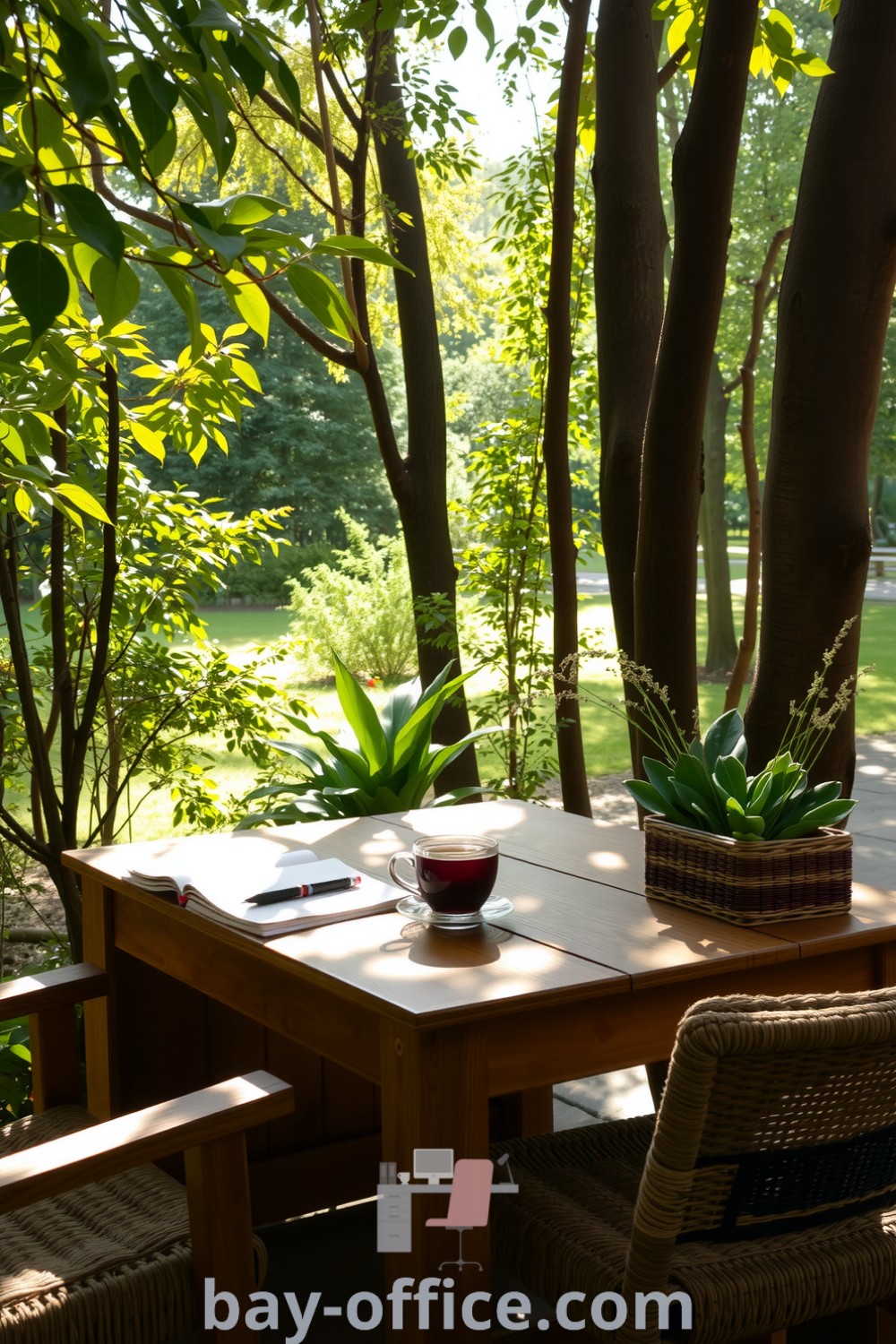 Nature home office blending with surroundings, featuring rustic wooden furniture, a weathered desk with notebooks and herbal tea, comfortable seating, and vibrant plants. Ideal for creating a cozy and inspiring workspace that enhances productivity. Explore more design ideas at bay-office.com.
