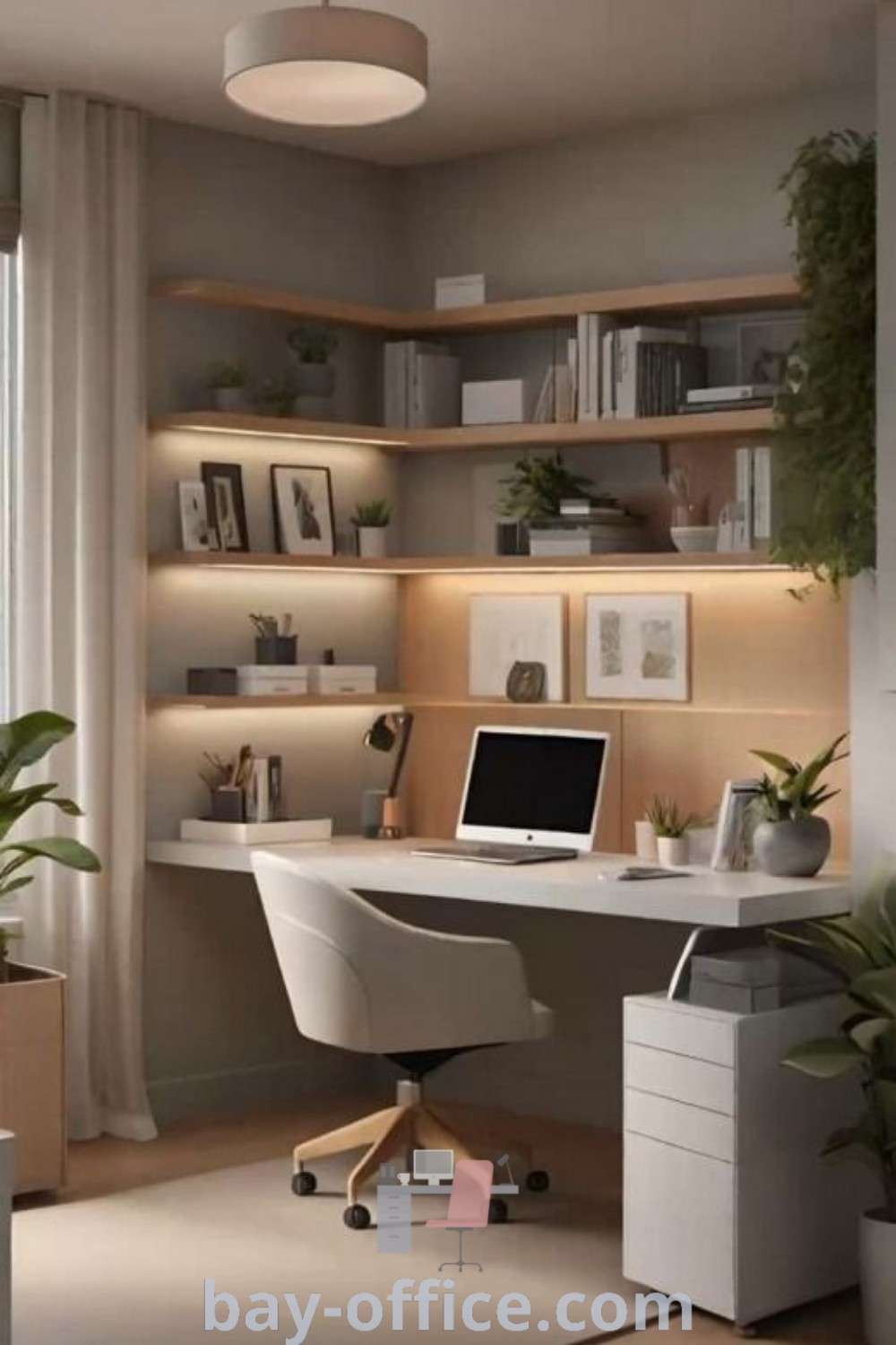 Cozy modern home office with potted plants, neutral colors, and vibrant decor. Explore Scandinavian home office ideas and study room color inspiration for a functional workspace. Discover more at bay-office.com.