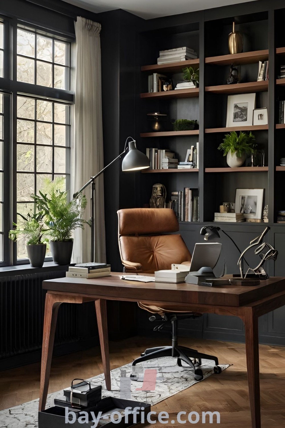 Small dark study with black walls, leather chair, bookshelves, and desk lamp. This home office combines black and wood elements, offering ideas for a masculine office decor that inspires productivity. Discover more design tips and decor ideas for small spaces at bay-office.com.