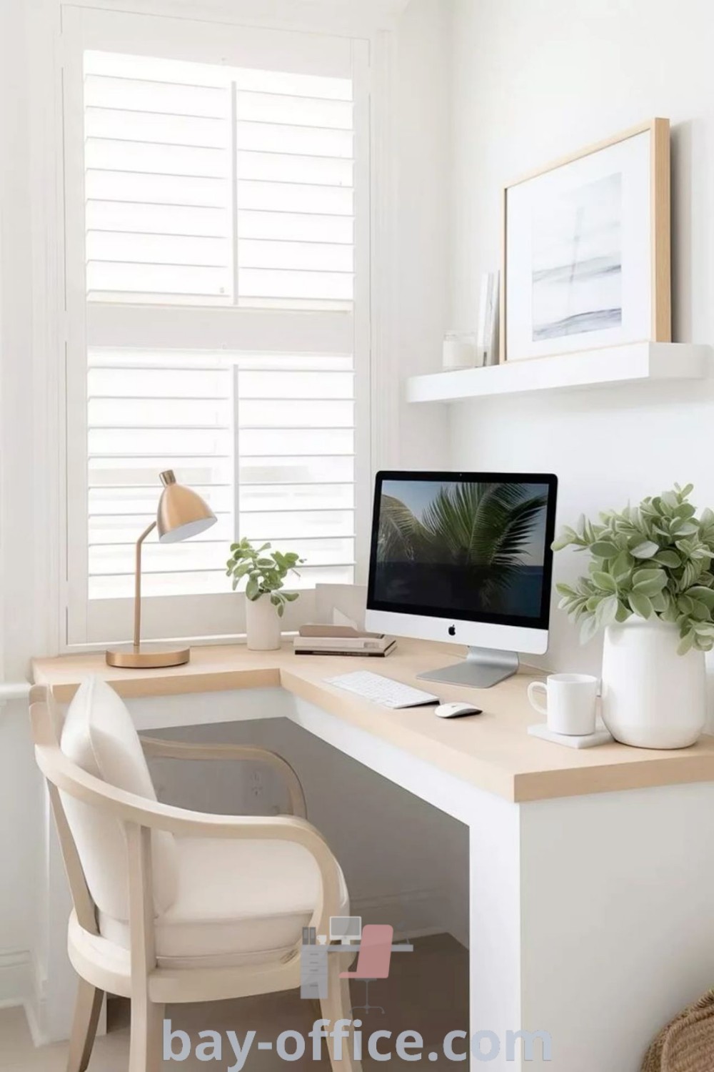 White desk home office setup with computer and plant, perfect for office space at home ideas and small desk aesthetic. Explore design trends and cozy decorating ideas for creating an inspiring workspace at bay-office.com.