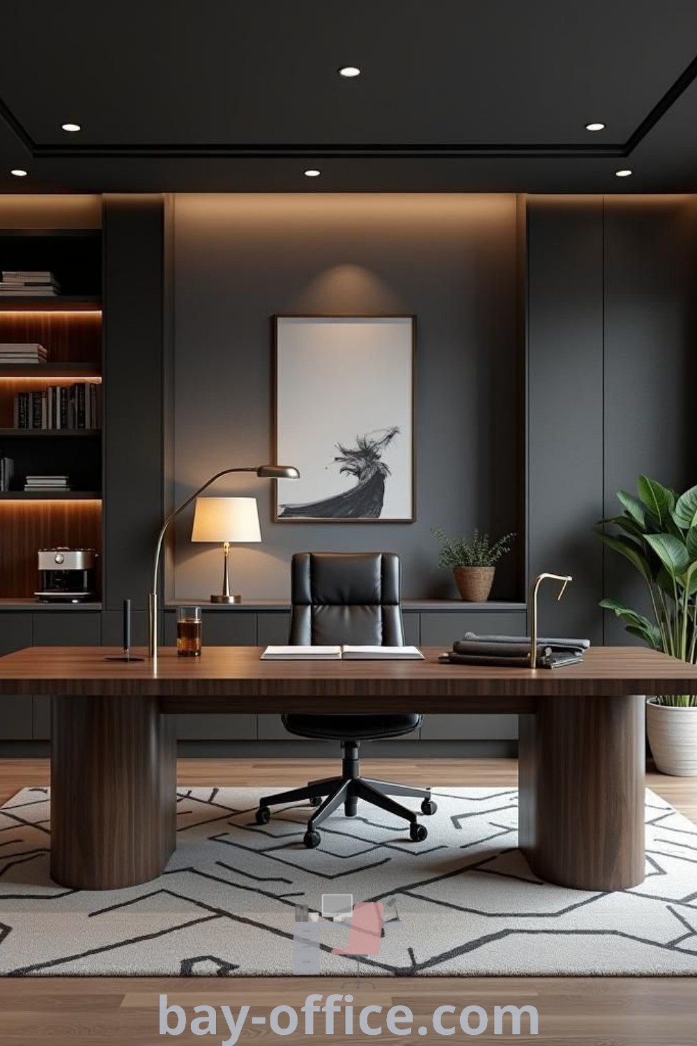 Modern masculine executive office featuring a dark walnut desk, leather accents, and smart technology. Ideal for professional settings, showcasing masculine office decor ideas that inspire productivity and elegance. Explore more design tips at bay-office.com.