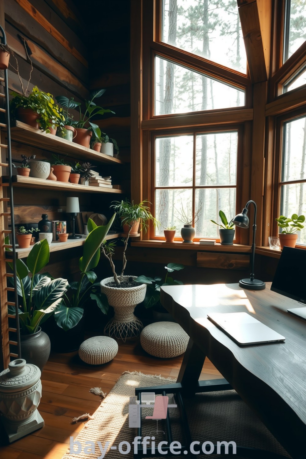 Nature-inspired home office with reclaimed wood shelves, large windows overlooking the forest, and cozy decor elements, designed to enhance productivity and tranquility. Explore more inspiring decor ideas at bay-office.com.
