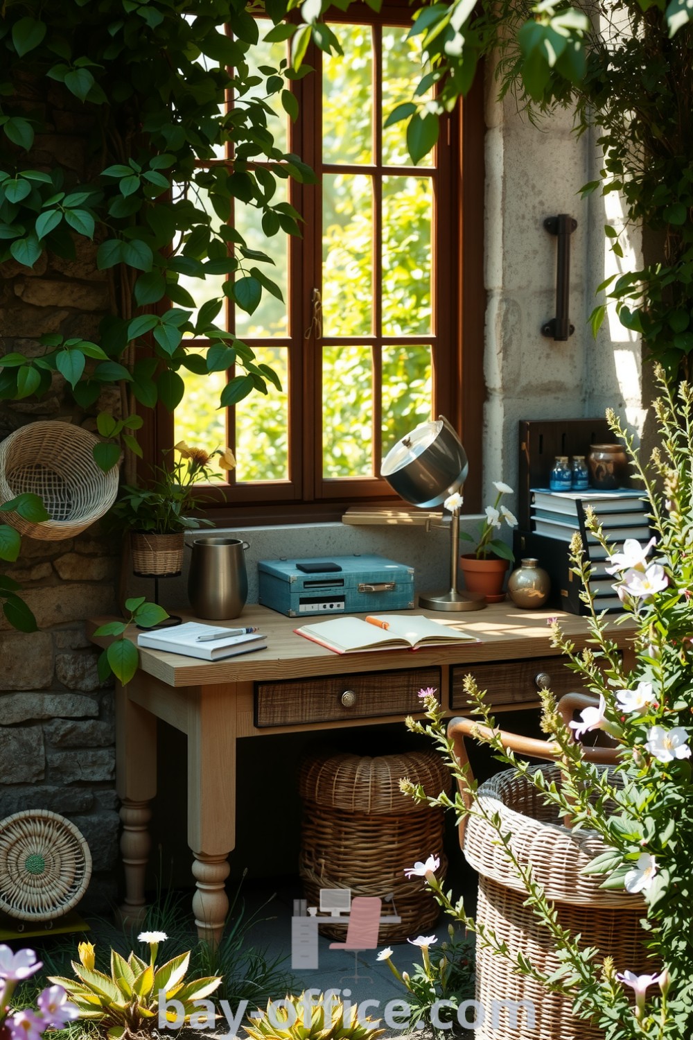 Nature-inspired home office with a rustic wooden desk surrounded by greenery and wildflowers, creating a serene and inspiring atmosphere that enhances creativity and productivity. Discover more design tips at bay-office.com.