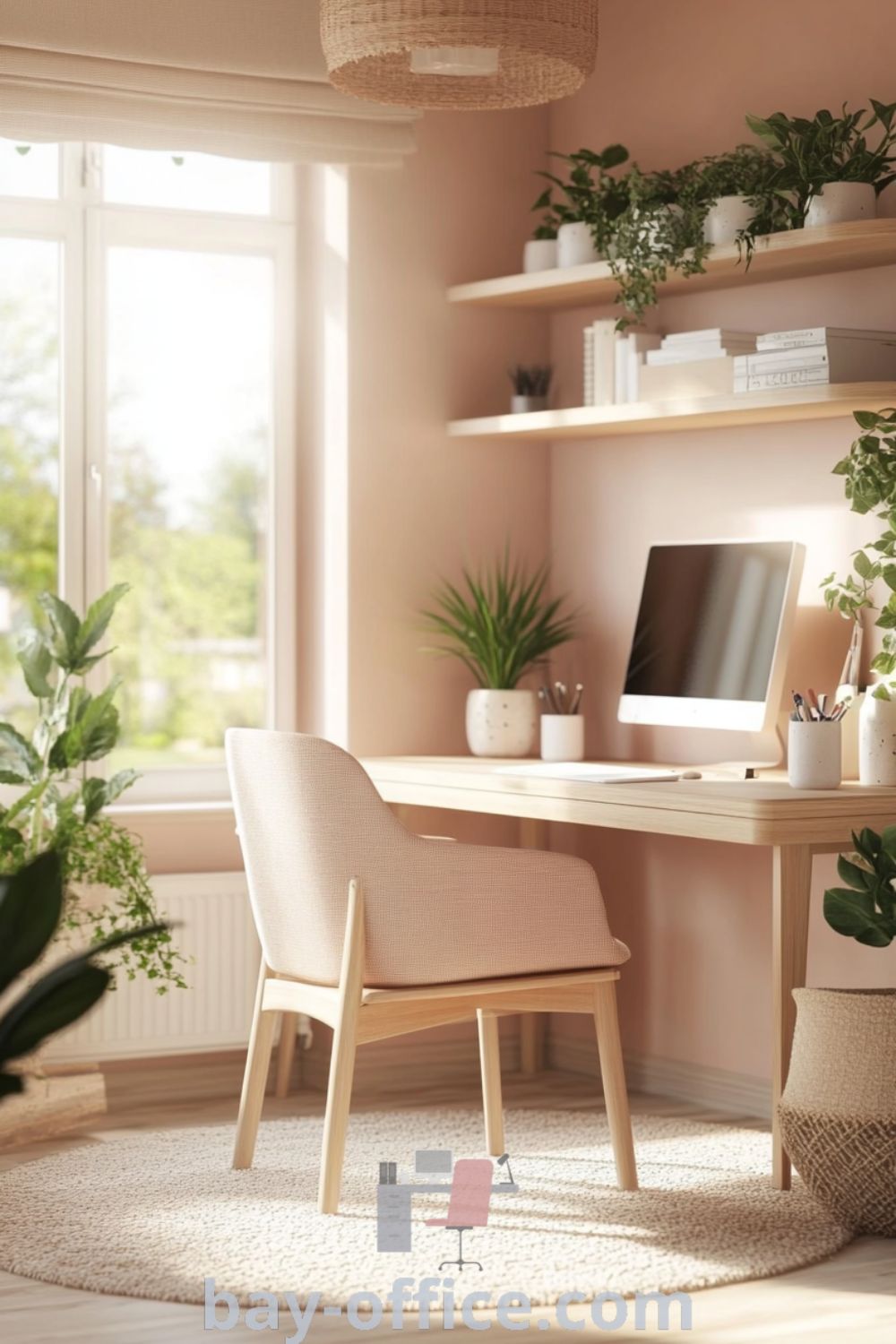 Cozy Scandinavian home office with soft pink walls, natural wood furniture, and potted plants, designed to inspire productivity and relaxation. Discover more ideas that will make you love working from home at bay-office.com.
