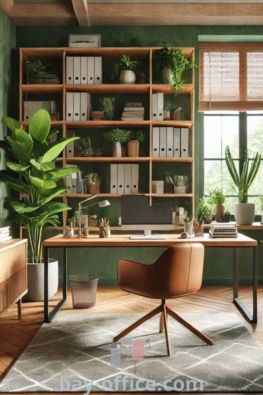 Green home office with green walls, wooden flooring, and potted plants on the desk. Explore peaceful home office ideas and decor that inspire productivity at bay-office.com. Discover modern shelves and cozy aesthetics for small spaces.