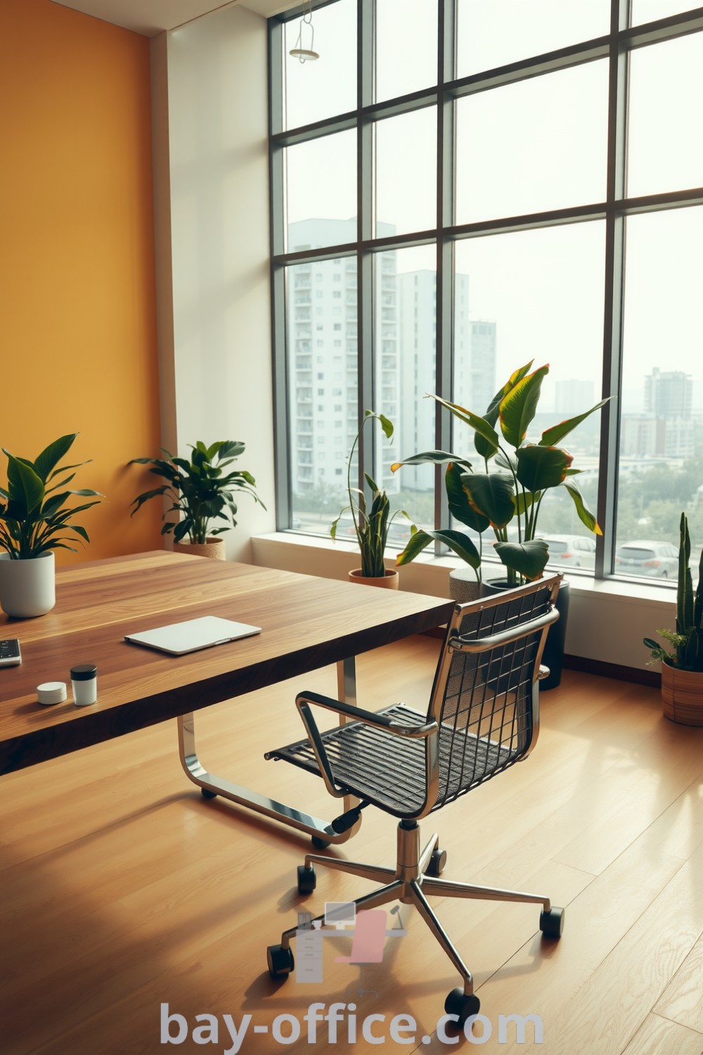 Minimalist corporate office with soft yellow tones, a wooden desk, metal chair, and potted plants, designed to inspire productivity and comfort. Ideal for creating a cozy workspace that balances functionality and style. Explore ideas at bay-office.com.