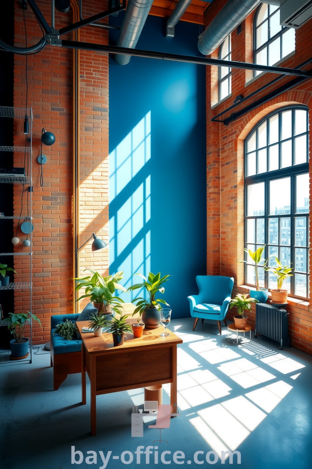 A cozy blue home office featuring an industrial design with exposed brick walls, a large wooden desk, potted plants, and a cozy armchair, designed to inspire productivity and creativity. Perfect for ideas that will make you love working from home. Visit bay-office.com for more cozy decor ideas.