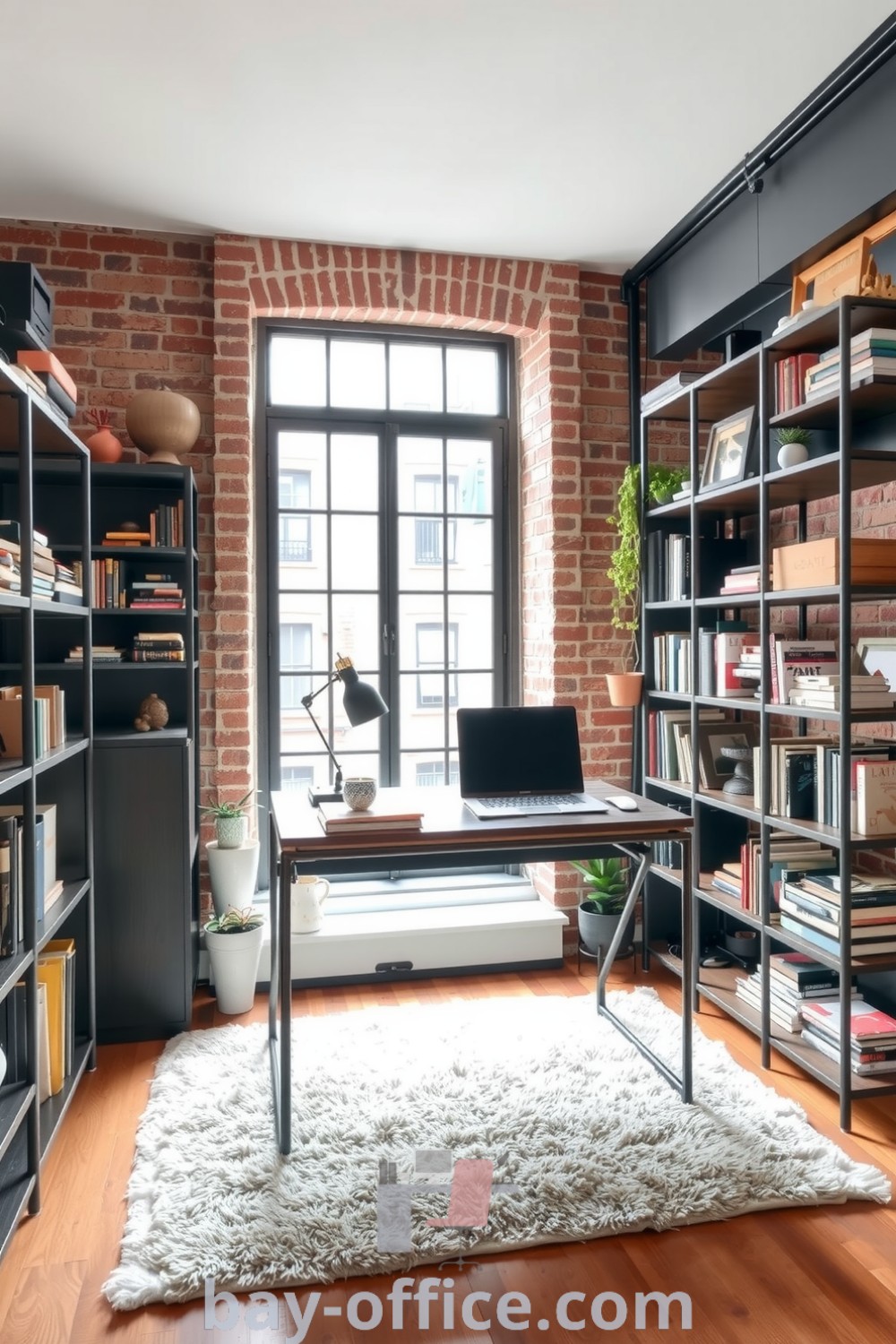 Cozy home office in a grey loft featuring exposed brick walls, a rustic wooden desk, and ample natural light, designed to inspire productivity and creativity. Explore more design trends and decorating ideas at bay-office.com.