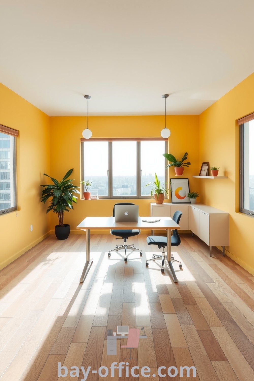 Minimalist corporate office featuring soft yellow walls, a sleek metal desk, large windows, potted plants, and wooden floors, designed to inspire productivity and a calm atmosphere. Discover more cozy design tips and ideas at bay-office.com.