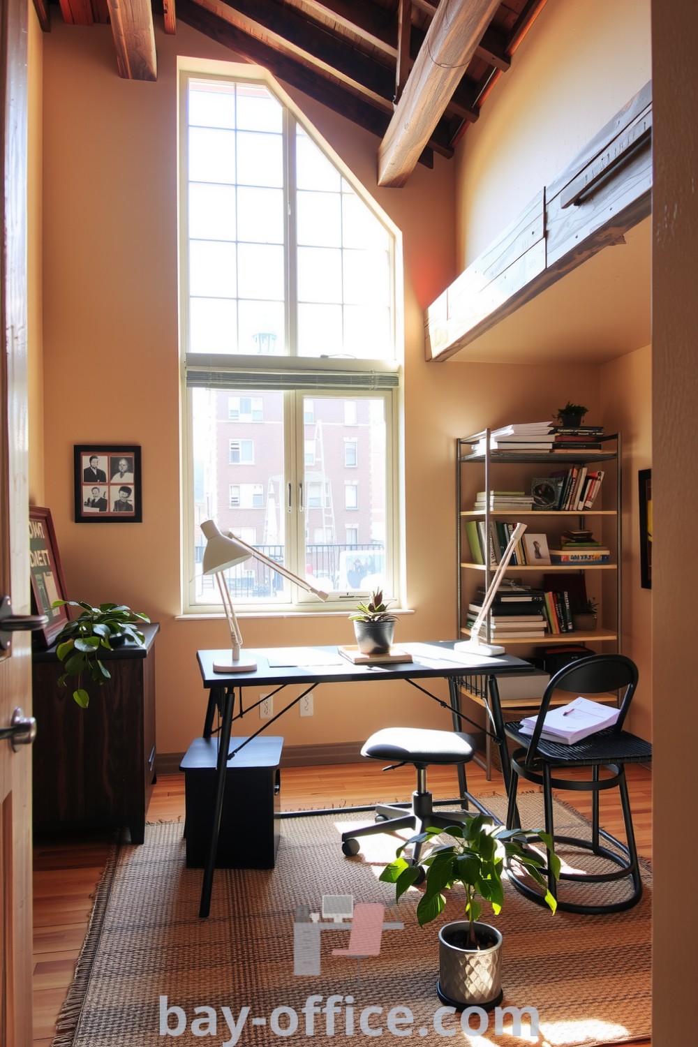 Cozy loft home office with warm beige walls, rustic wooden beams, metal desk, and natural light. Perfect for creating an inspiring, comfortable workspace that enhances productivity. Find more ideas at bay-office.com.