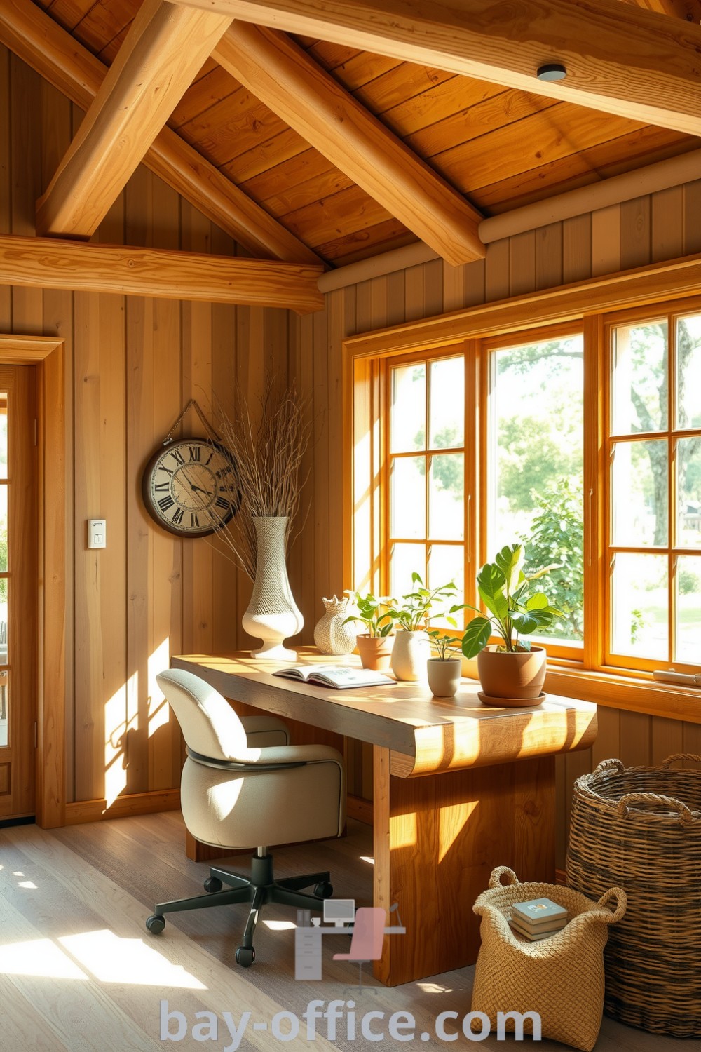 Nature-inspired home office in a rustic cabin with wooden beams, large windows, potted plants, and a cozy chair. A serene and inspiring space that enhances productivity while offering comfort and creativity. Explore ideas at bay-office.com.
