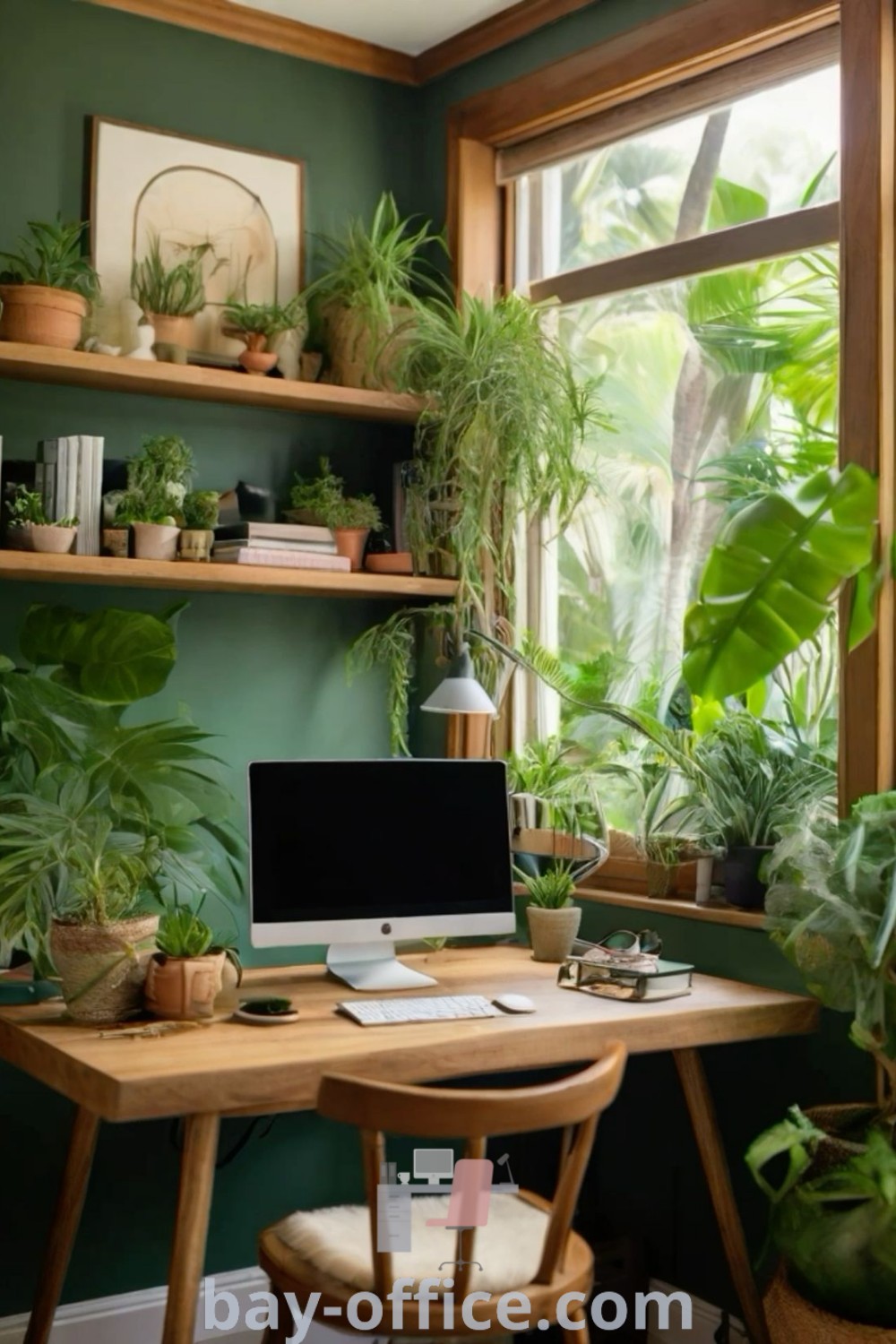 Wooden desk with a computer next to a window filled with potted plants and greenery, ideal for a Boho green office design. Explore inspiring decor ideas for small spaces and home office wall color options at bay-office.com.