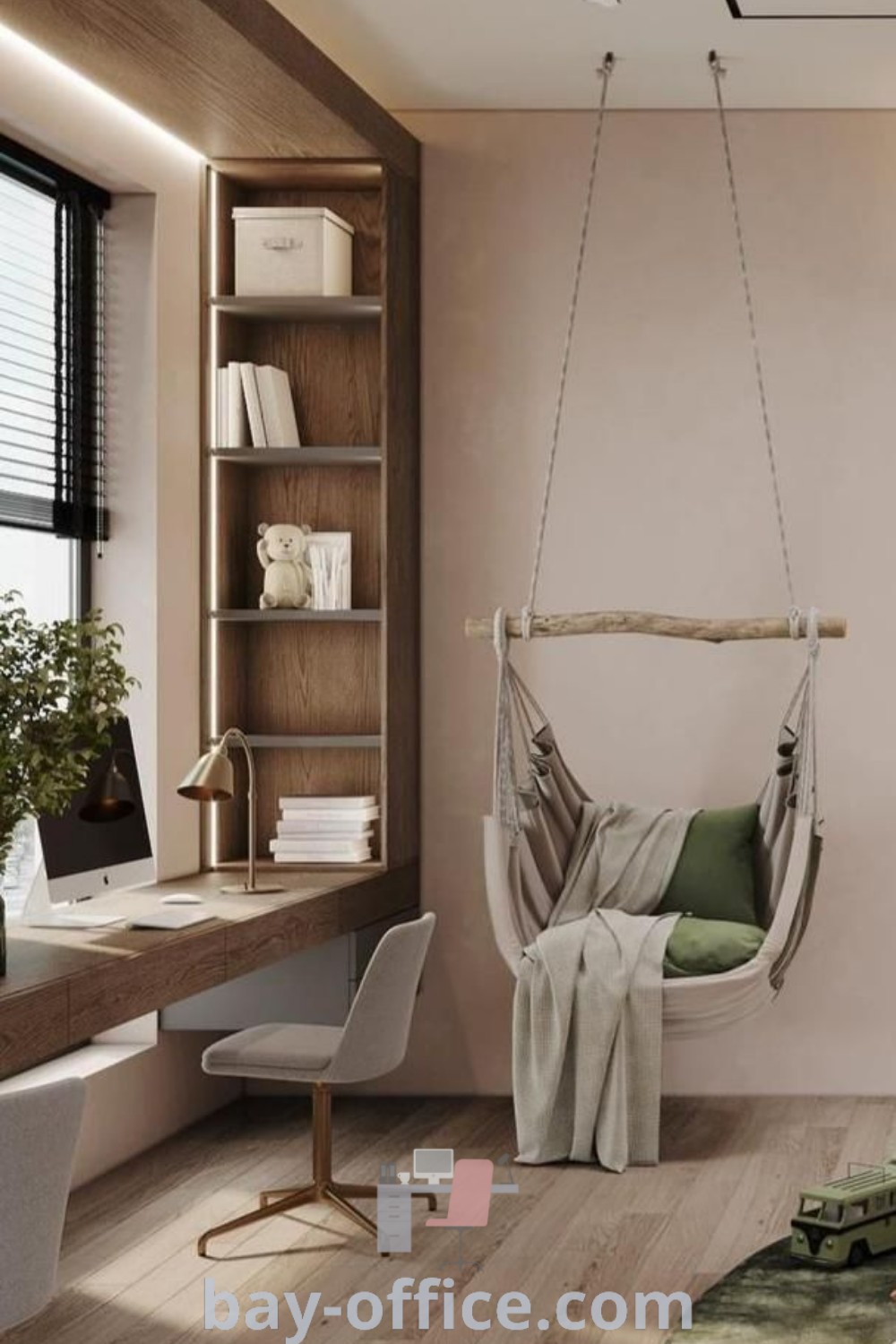 Cozy hammock chair hanging in a room with wood flooring, ideal for boys