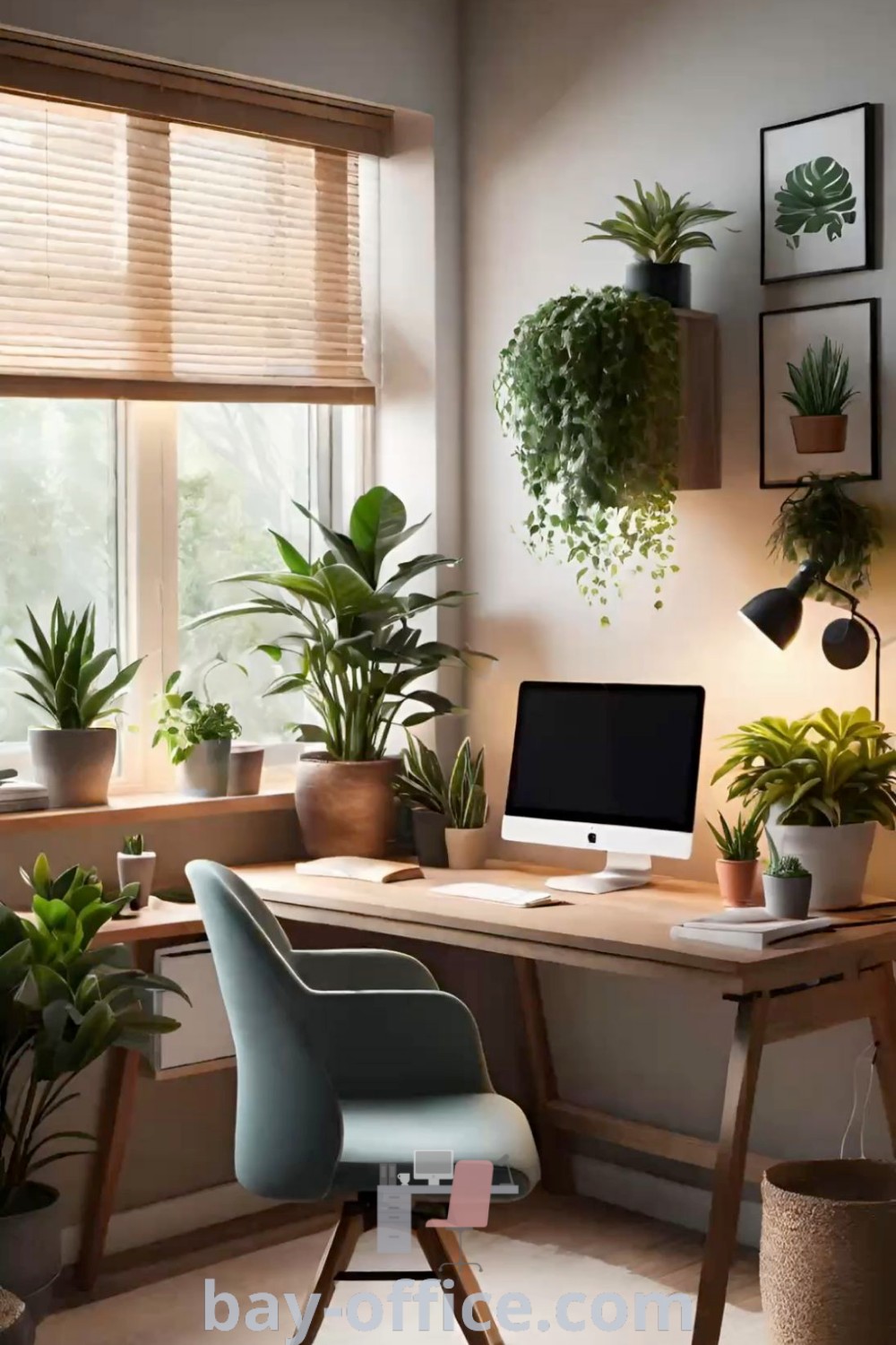 Cozy home office featuring plants on the windowsill and a computer desk, showcasing design tips for a productive workspace. Discover inspiring decor ideas and cozy aesthetics for home offices at bay-office.com.
