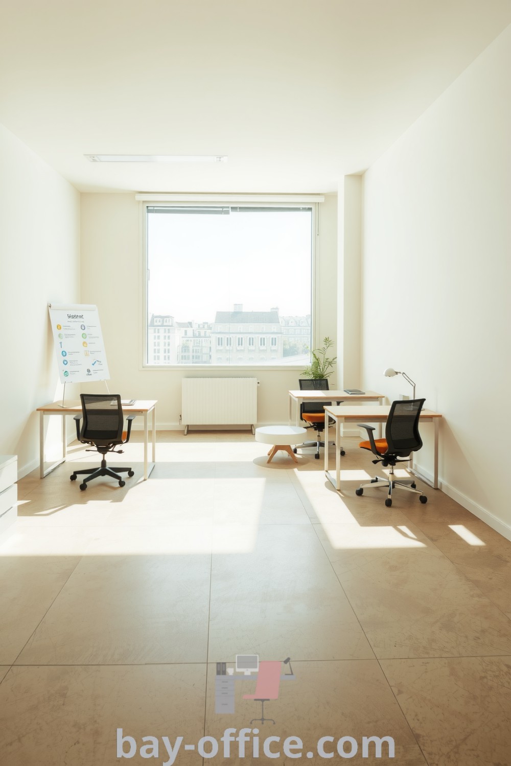 Minimalist corporate office with soft beige walls, sleek furniture, and plants, designed to create a calming and productive workspace. Ideal for those seeking inspiring decor ideas for small spaces that enhance focus and collaboration. Discover more tips at bay-office.com.