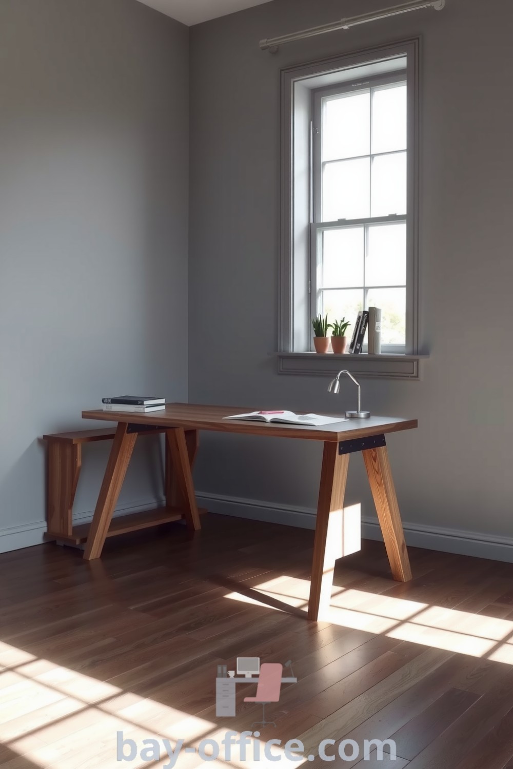 Minimalist home office featuring a reclaimed wood desk, gray walls, and natural light, designed to inspire creativity and productivity. Explore inspiring decor ideas for small spaces at bay-office.com.