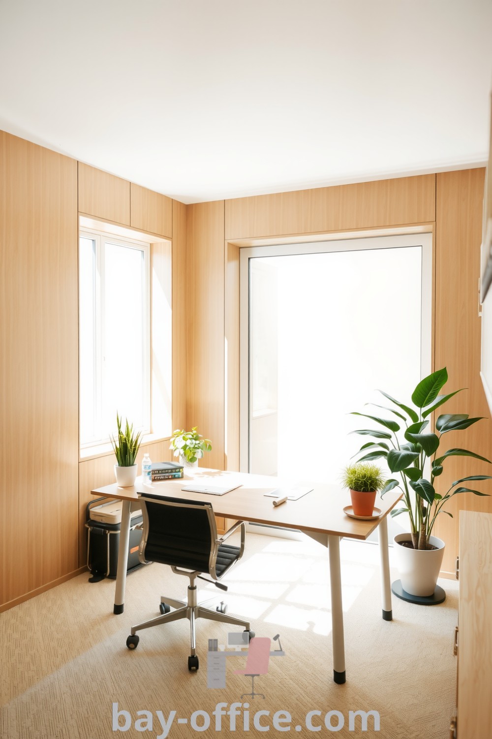 Minimalist corporate office with soft beige walls, polished metal desk, and large windows offering natural light, surrounded by potted plants. A design that inspires productivity and calm, ideal for creating an inviting workspace. Explore more ideas at bay-office.com.