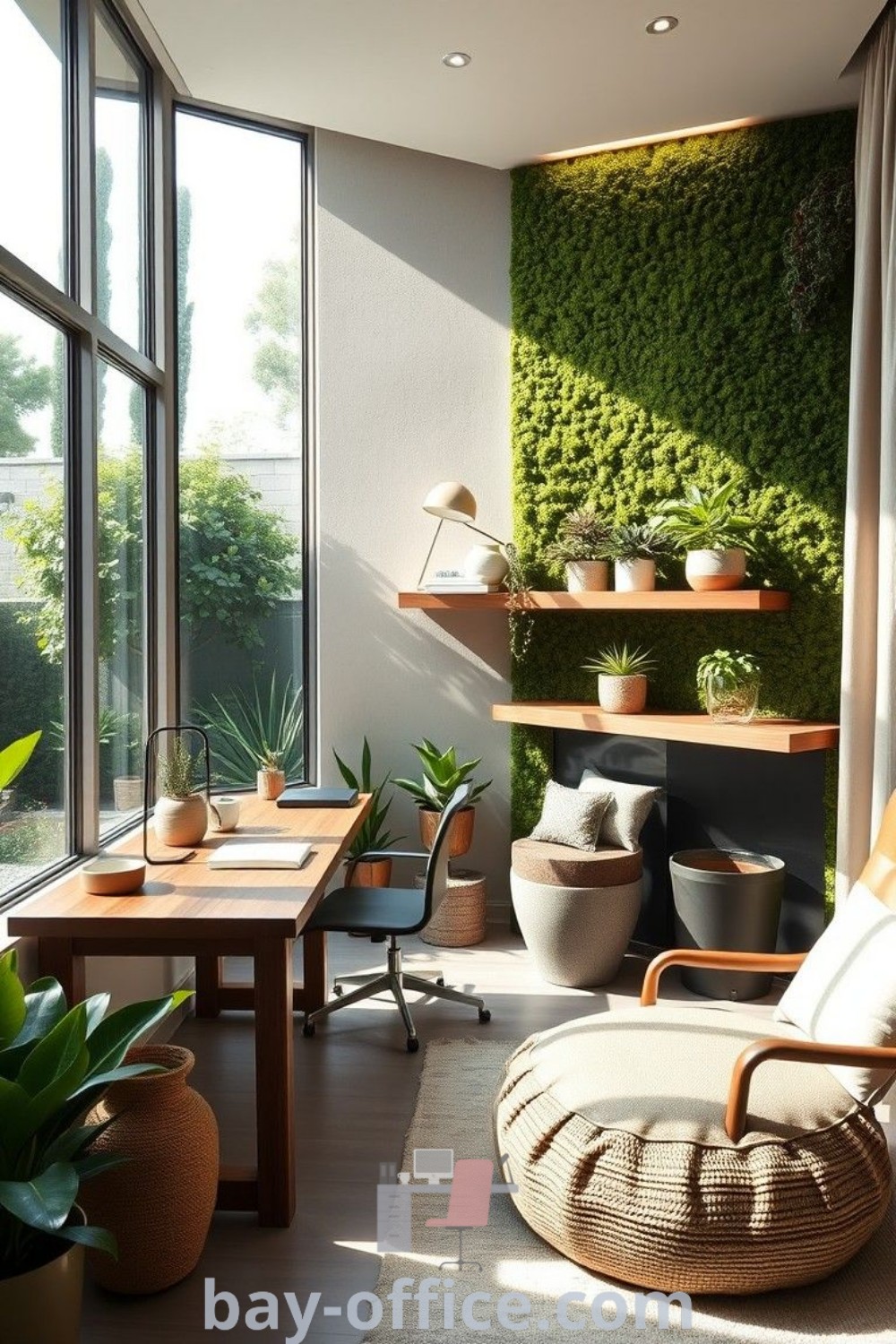 Home office featuring a moss wall, floating wooden shelves, and biophilic design elements like ceramic planters and a jute ottoman. Ideal for those seeking cozy, inspiring decor ideas that enhance productivity. Explore more design trends at bay-office.com.