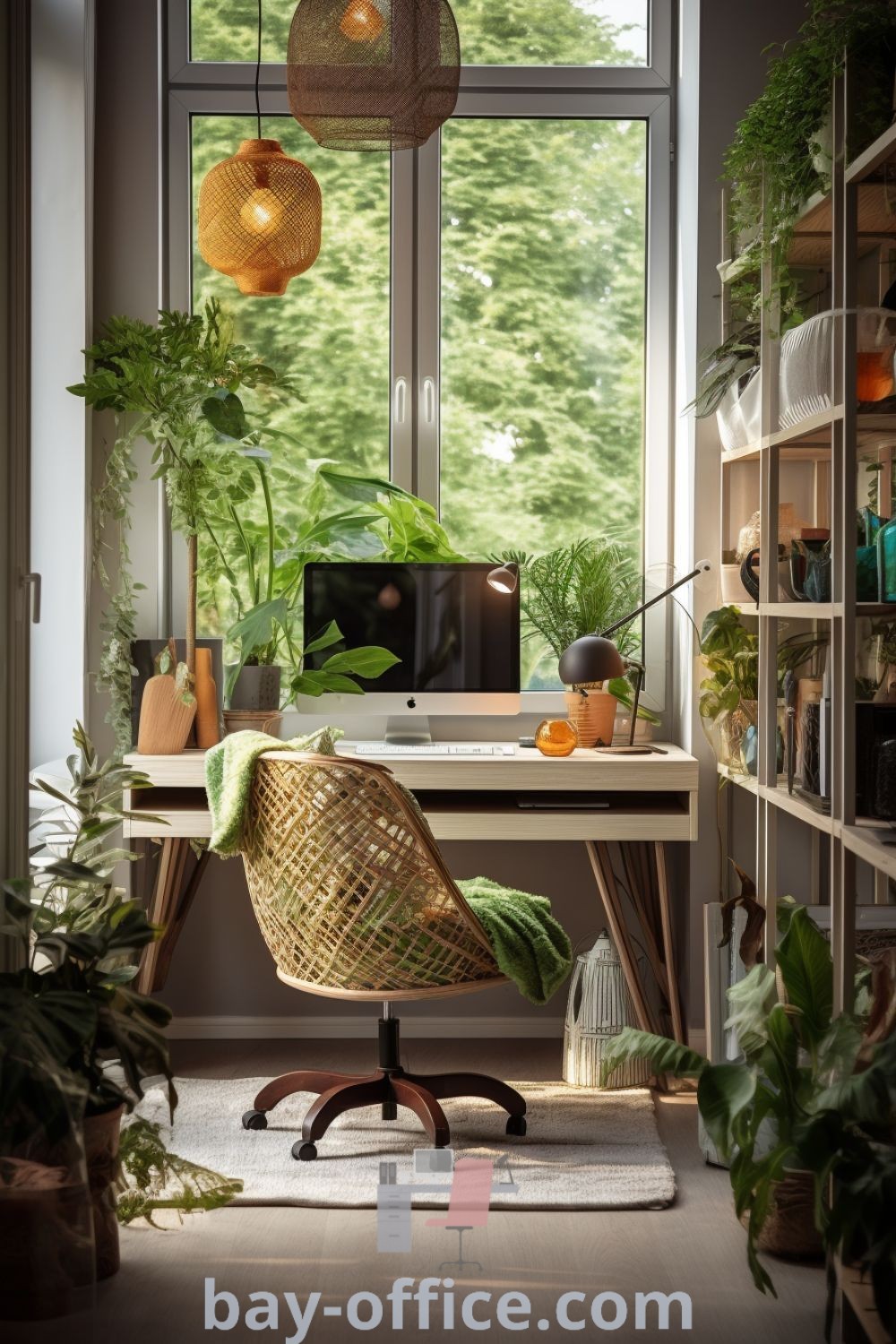 Cozy small home office setup featuring a plant computer desk, botanical decor, and apartment decorating ideas that inspire productivity. Explore cozy desk decor and functional designs for your apartment at bay-office.com.