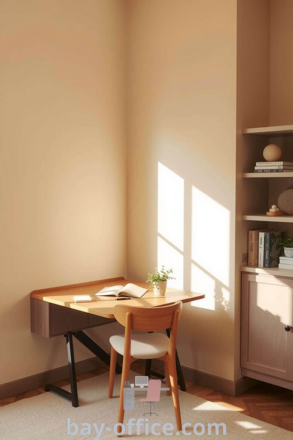 Minimalist home office featuring soft beige walls, a wooden desk with essentials, a comfortable chair, and a cozy cotton rug, designed to inspire productivity and calm. Perfect for ideas that will make you love working from home. Discover more at bay-office.com.