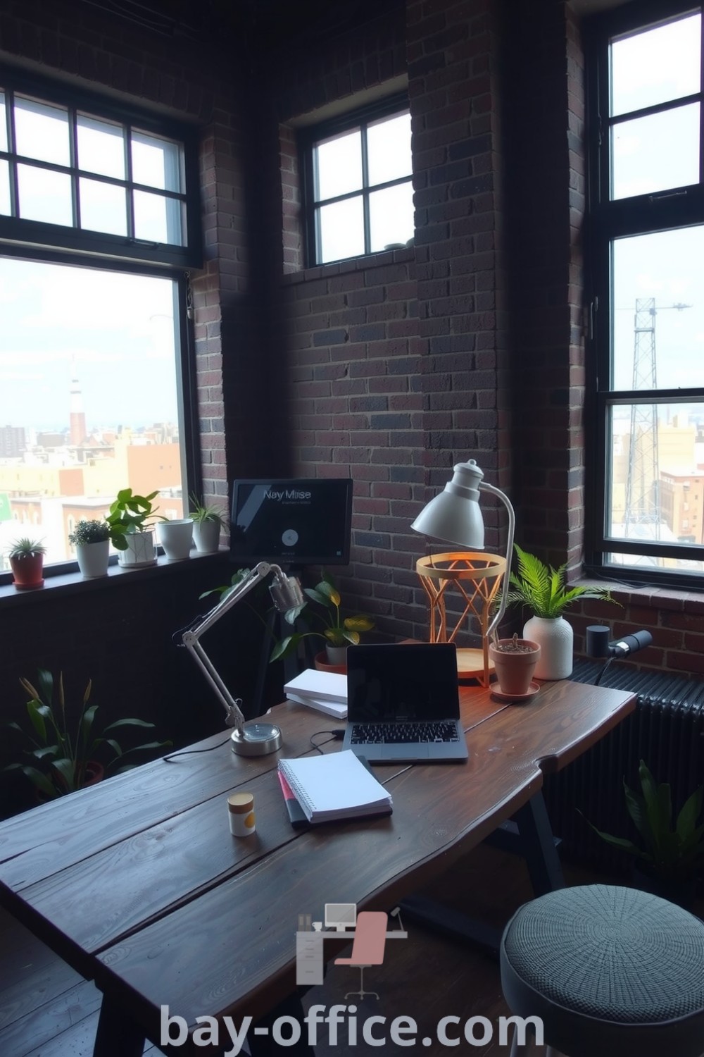 Loft home office with black exposed brick walls, a wooden desk, and vintage lamp. This cozy workspace features large windows with city views and potted plants, designed to inspire productivity and creativity. Discover Design Tips at bay-office.com.