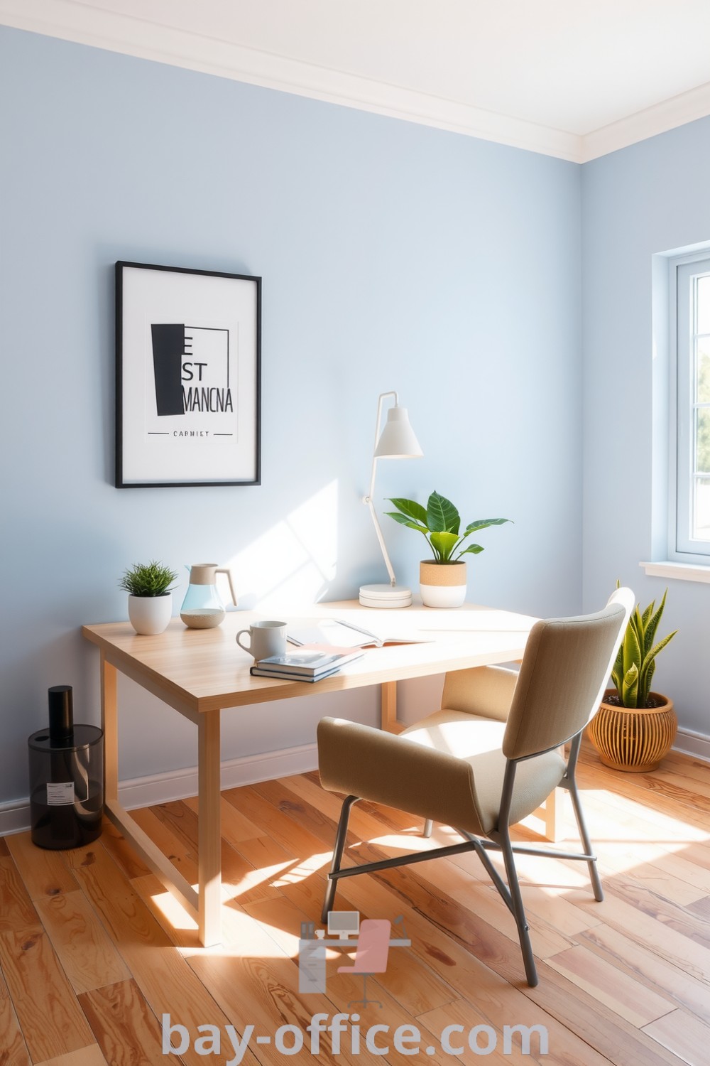 Minimalist home office in soft blue with light wooden desk, comfortable chair, and potted plants, designed to inspire productivity and tranquility. Perfect decor ideas for small spaces at bay-office.com.