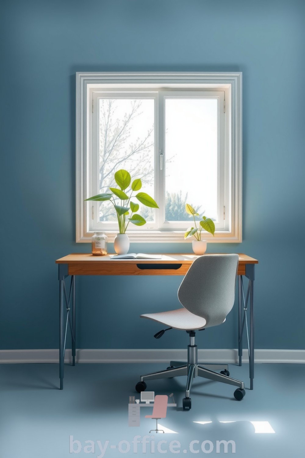 Serene blue home office featuring smooth walls, a weathered wooden desk, an ergonomic chair, and vibrant plants, designed to inspire productivity while enhancing comfort. Explore design tips and ideas that will make you love working from home at bay-office.com.