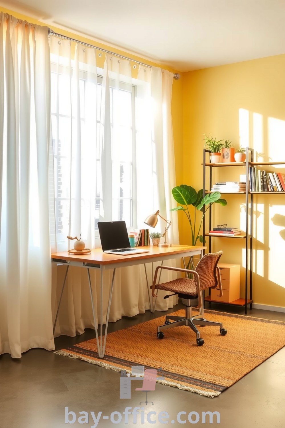 Cozy minimalist home office featuring soft yellow walls, a simple wooden desk, and natural fiber rug, designed to inspire productivity and comfort. Ideal for creating a harmonious workspace while emphasizing design trends. Discover more decor ideas at bay-office.com.