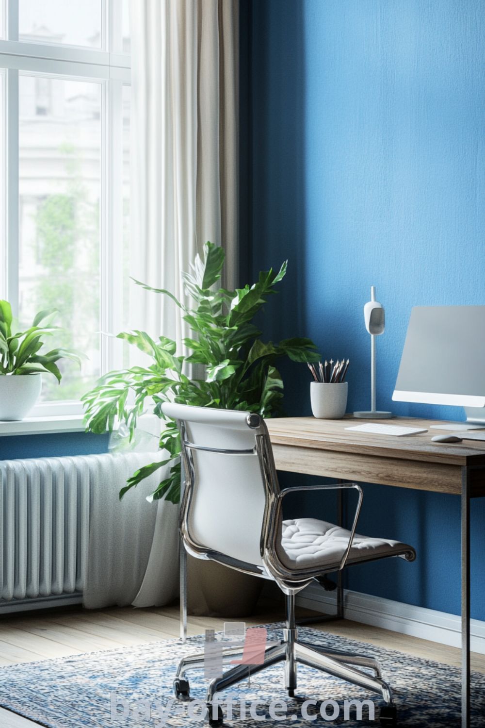 Scandinavian home office featuring a calming blue color scheme, a wooden desk, plush white chair, and potted plants, designed for a cozy and inspiring workspace. Perfect for those seeking design tips for small spaces and ideas you