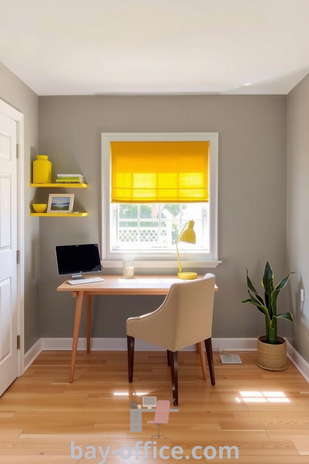 Minimalist home office featuring yellow accents, gray walls, a wooden desk by the window, and a cozy chair, perfect for productivity and inspiration. Discover decorating ideas and design tips for creating cozy spaces at bay-office.com.
