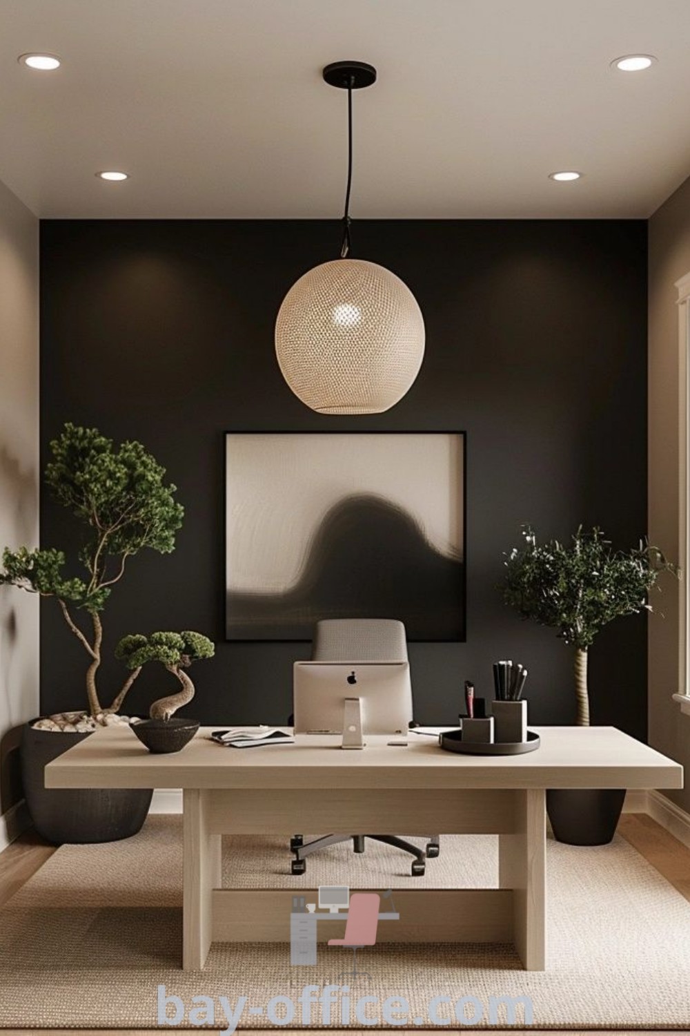 Home office featuring black walls and white furniture styled for modern minimalism, with potted plants enhancing the ambiance. Discover inspiring design ideas that promote productivity and comfort at bay-office.com.
