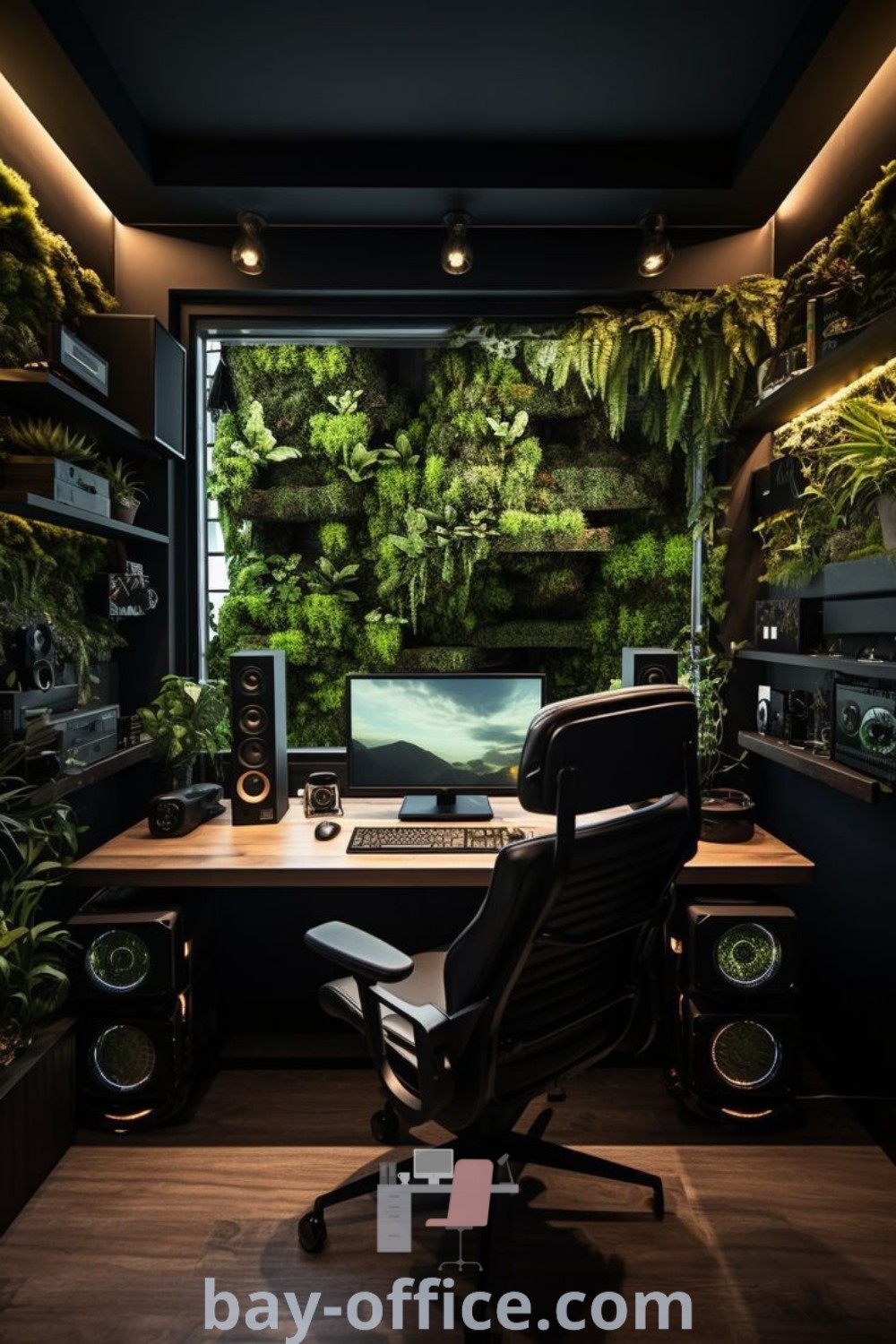 Modern office setup for men with plants, a computer desk, and minimalist design ideas to inspire productivity. Explore cozy, nature-inspired office designs and best decor ideas for small spaces at bay-office.com.
