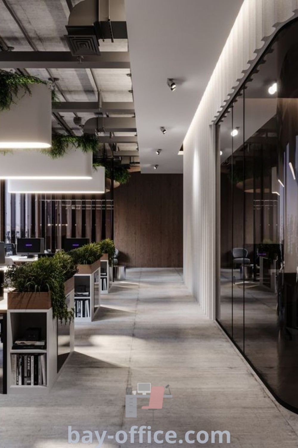 Modern lawyer office with glass walls, lush plants, and stylish furniture designed for productivity. Explore these inspiring office design trends and decorating ideas at bay-office.com.